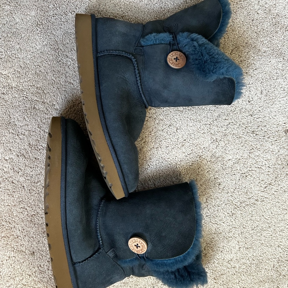 UGG Navy Suede Bailey Boots with Button Accent